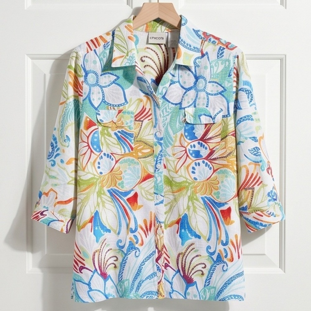 Chico's 2 Linen Cotton Floral Button Down Shirt Large Multicolor Tropical Airy